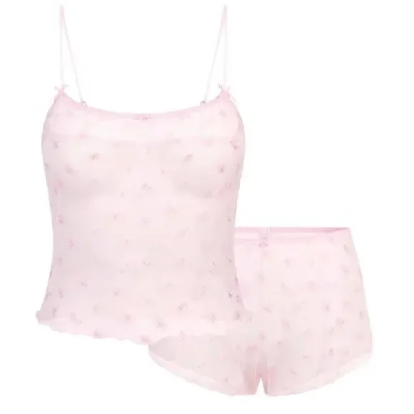 SKIMS Tulle Camisole Shorts Set XL 14-16 Cherry Blossom Coquette Sleepwear New